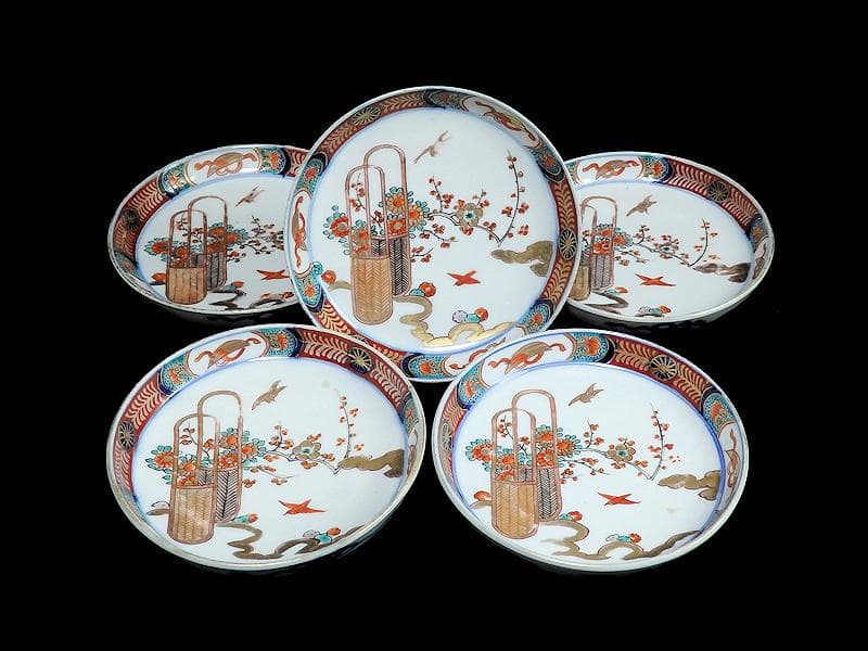 古伊万里　金襴手　花鳥紋に花籠の図　縁高４寸皿　５枚　E128AS-BUy