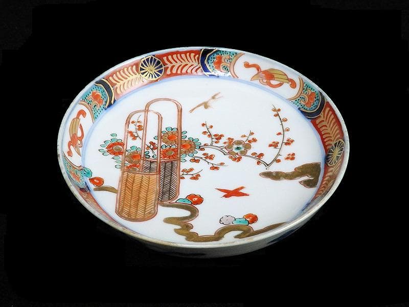 古伊万里　金襴手　花鳥紋に花籠の図　縁高４寸皿　５枚　E128AS-BUy