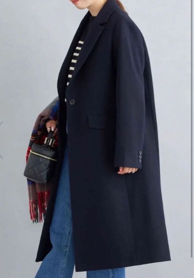 ネイビー チェスターコート シングルボタン