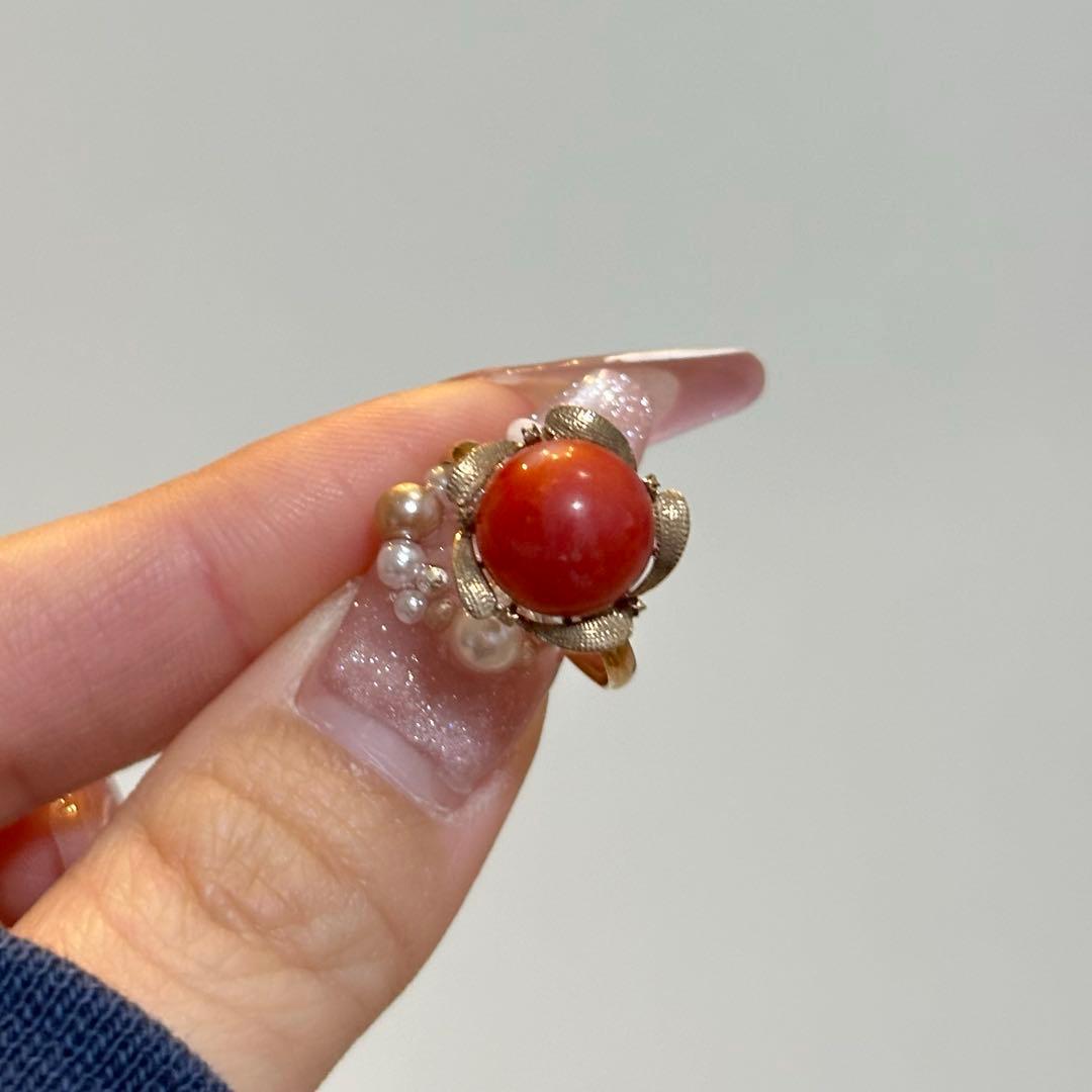 【14K アンティーク】珊瑚 お花 指輪