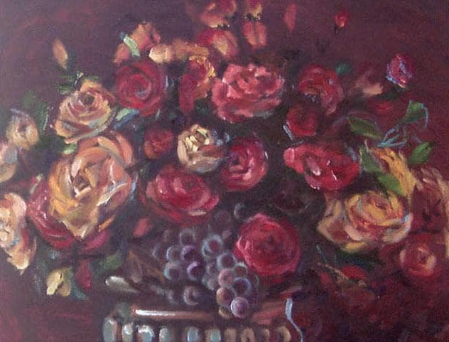 油絵 菅家令子 絵 絵画 インテリア 額付(白) uF6-113802 花 ばら