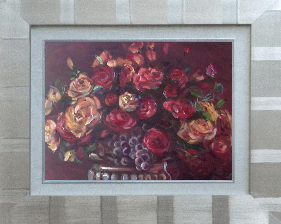 油絵 菅家令子 絵 絵画 インテリア 額付(白) uF6-113802 花 ばら