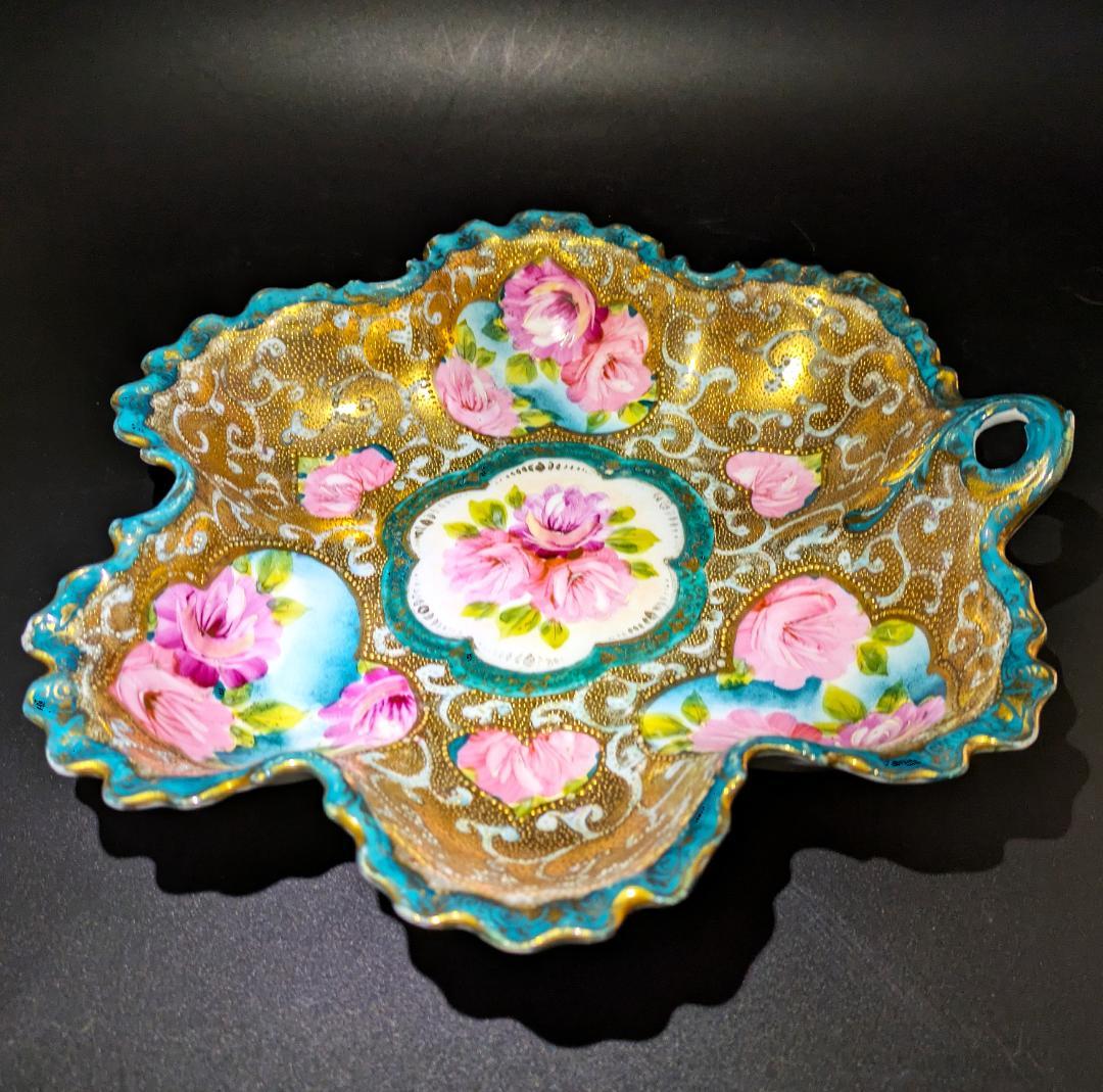 迫力のヘキサグラム★大皿★里帰り★金彩金盛上薔薇紋様持手六芒星大皿 25㎝