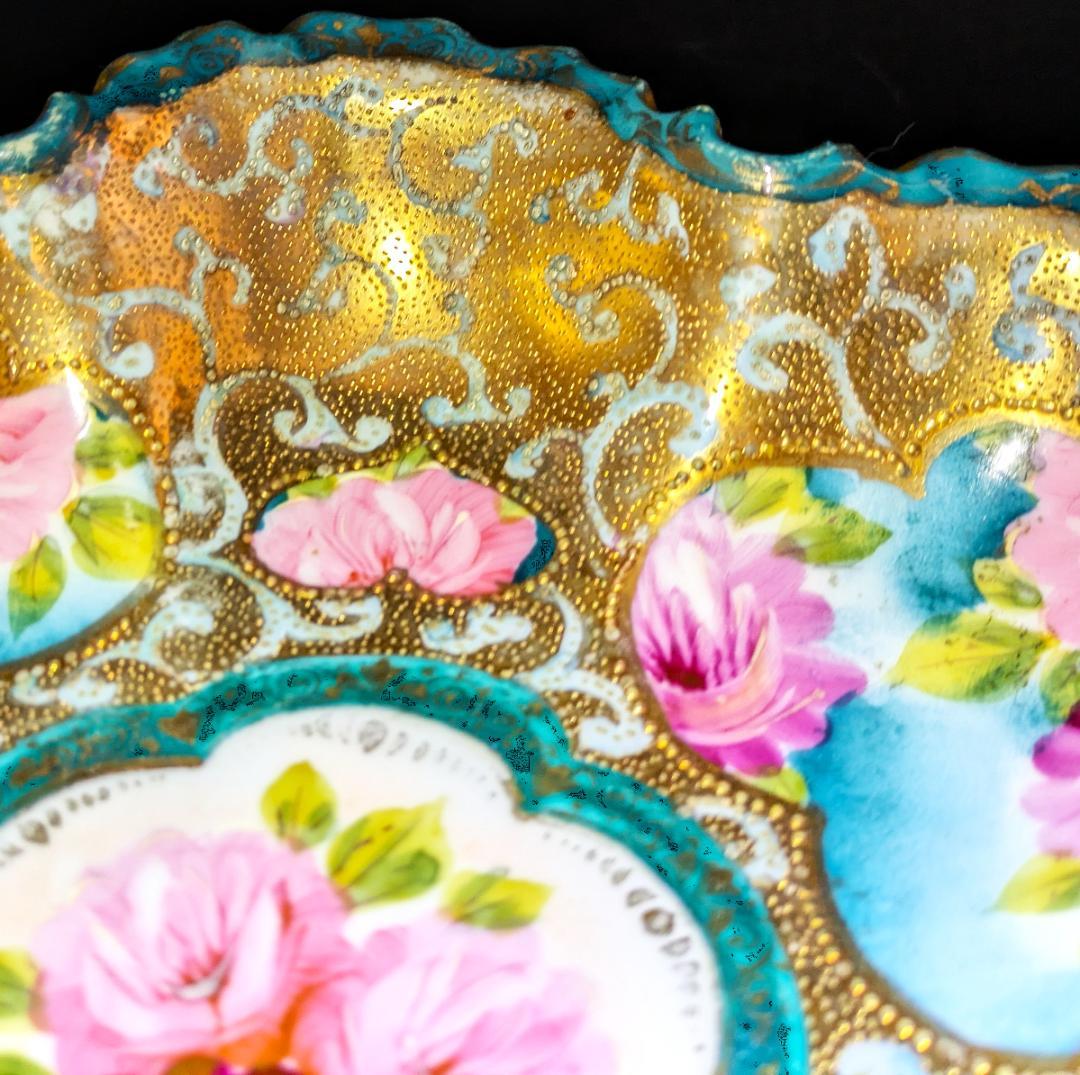 迫力のヘキサグラム★大皿★里帰り★金彩金盛上薔薇紋様持手六芒星大皿 25㎝