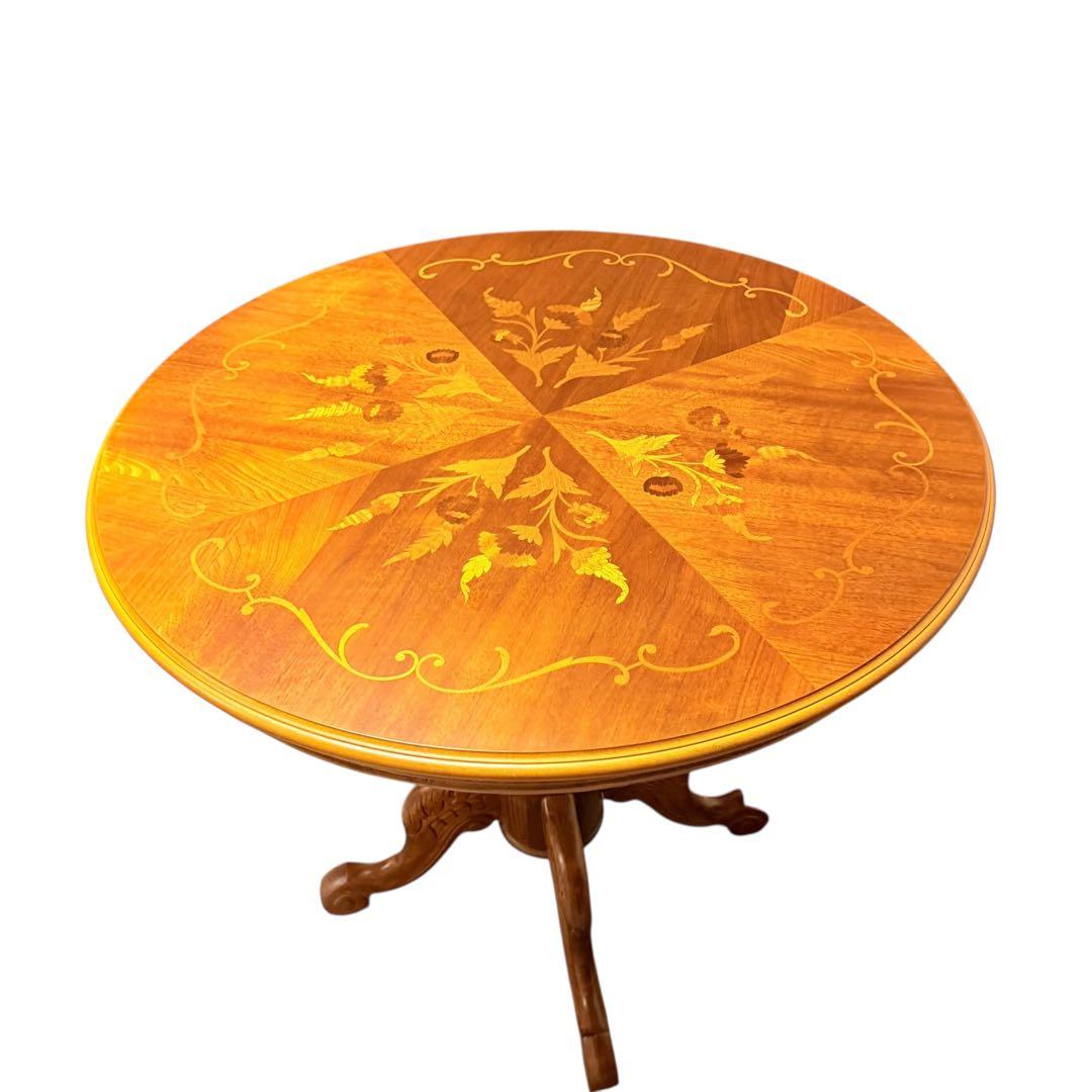 高級 イタリア アンティーク 家具 象嵌 テーブル ラウンジ 丸 80cm猫脚