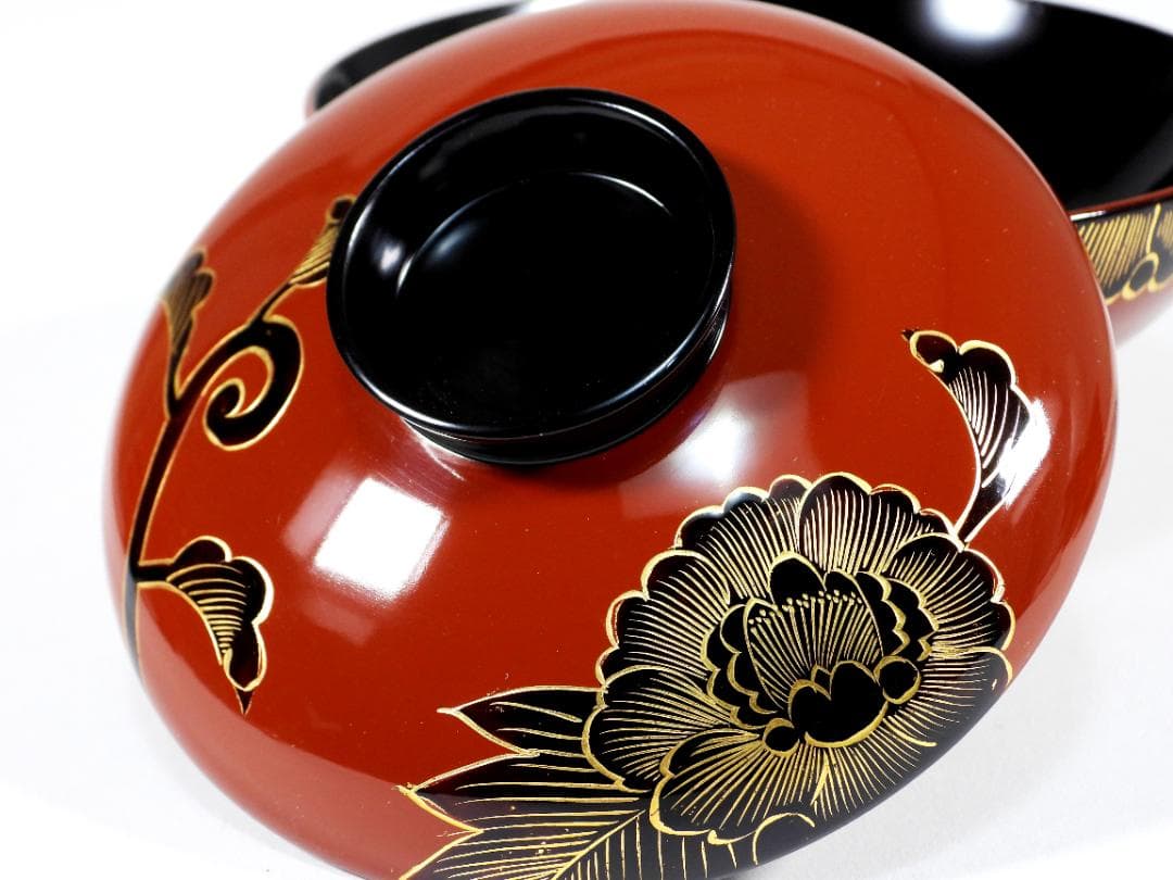 輪島塗　懐石椀汁椀　蒔絵椀　上質朱漆　牡丹沈金 蓋碗十客 共箱