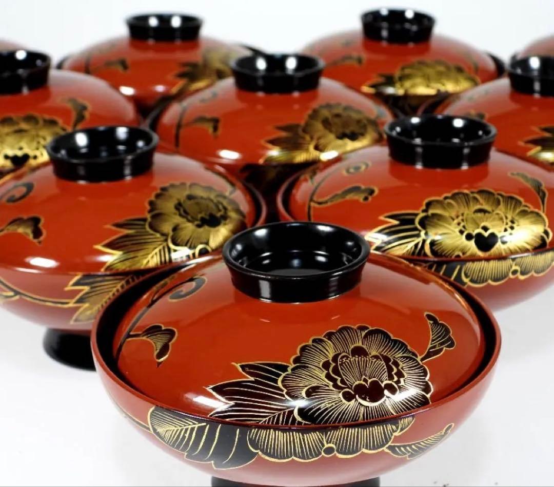 輪島塗　懐石椀汁椀　蒔絵椀　上質朱漆　牡丹沈金 蓋碗十客 共箱