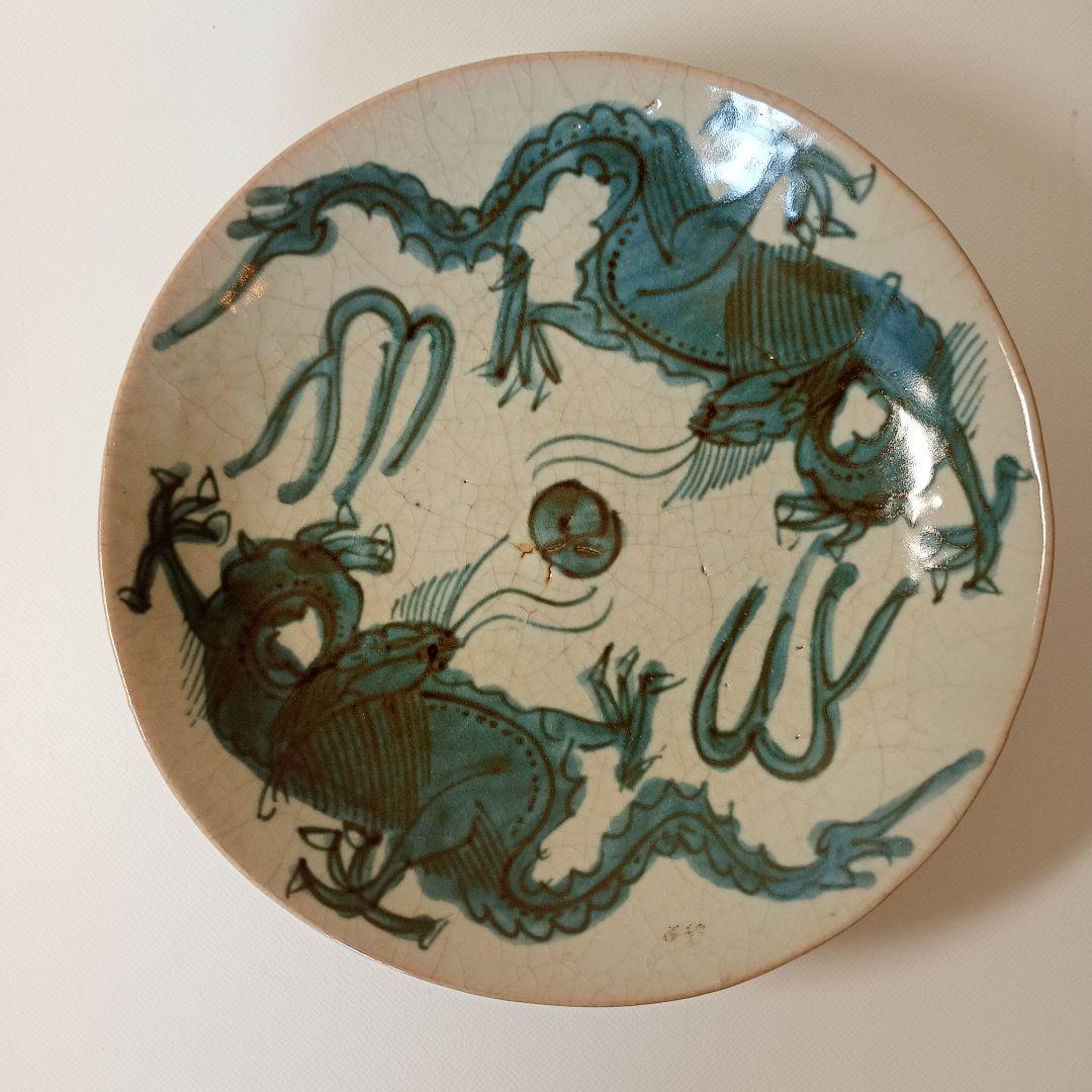 中国古美術品 古染付皿 双龍戯珠文