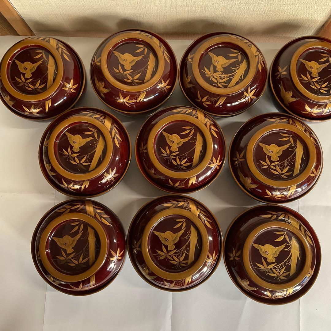 輪島塗　天然木蒔絵「竹に雀文」吸物椀(雑煮椀)10脚揃　明治後期から大正頃