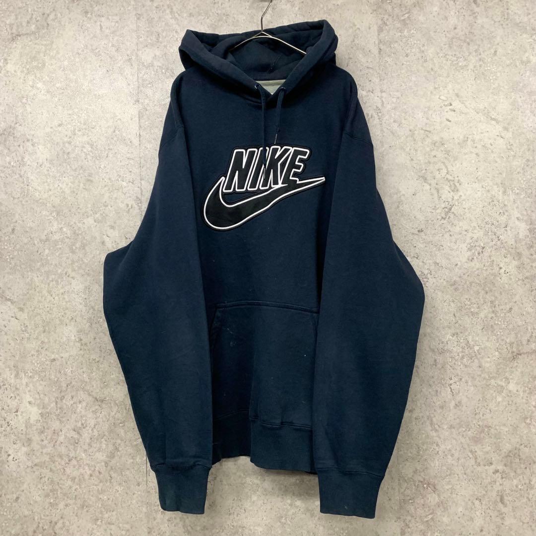 【レア3XL☆US輸入】ナイキ スウッシュロゴ刺繍スウェットパーカー ネイビー