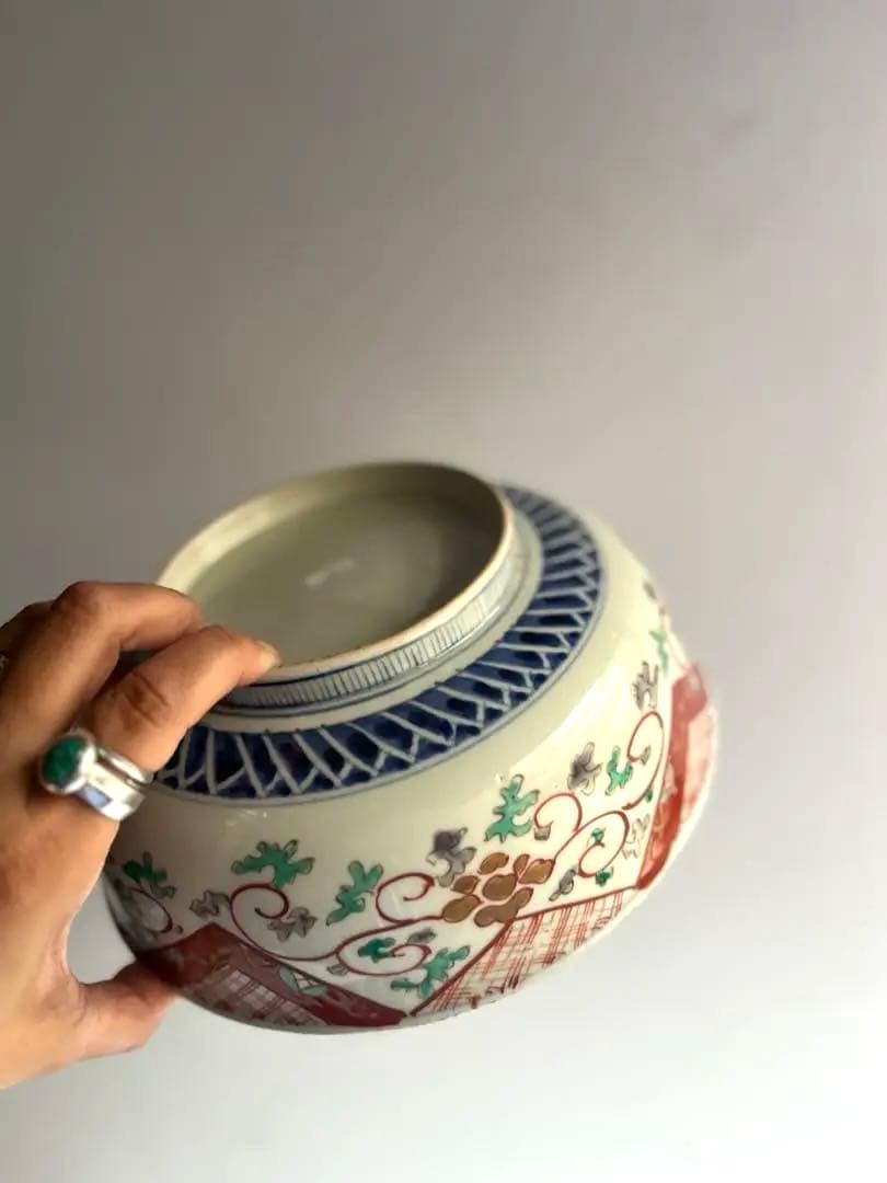 518 骨董 アンティーク 古伊万里 染付 豪華 色絵金彩花鳥図7寸鉢 幕末