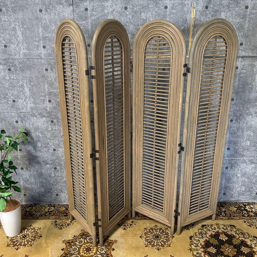 shuca꧁籐家具꧂ラタン4連パーテーション ブラインド 間仕切り レトロ