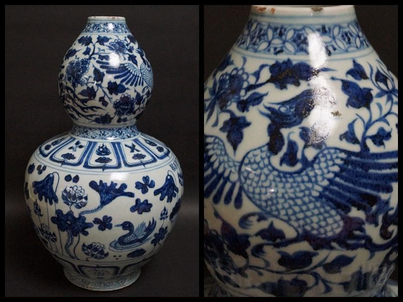 永楽年製在銘 青花染付『鳳凰蓮祥瑞文』瓢箪形大型壺迫力のある壺虫食いアンティーク