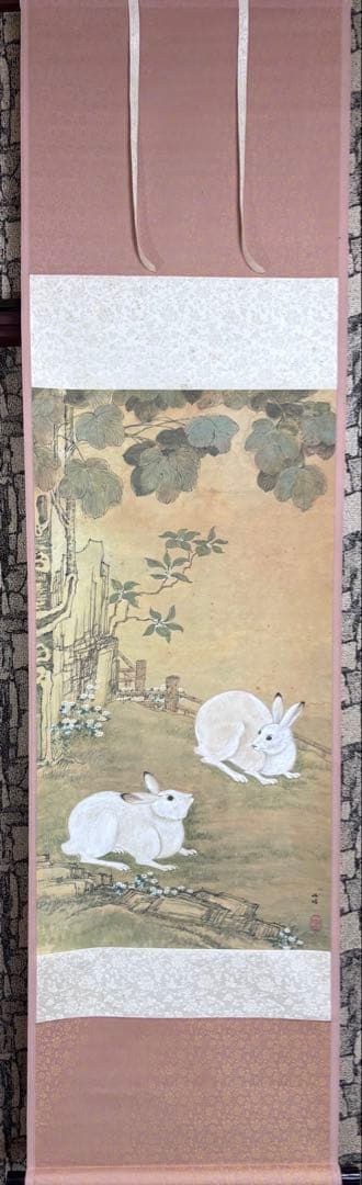 水墨画　掛け軸　悟桐双兎 謝陽画　兎　中国　張大千大風堂　カラー　箱付