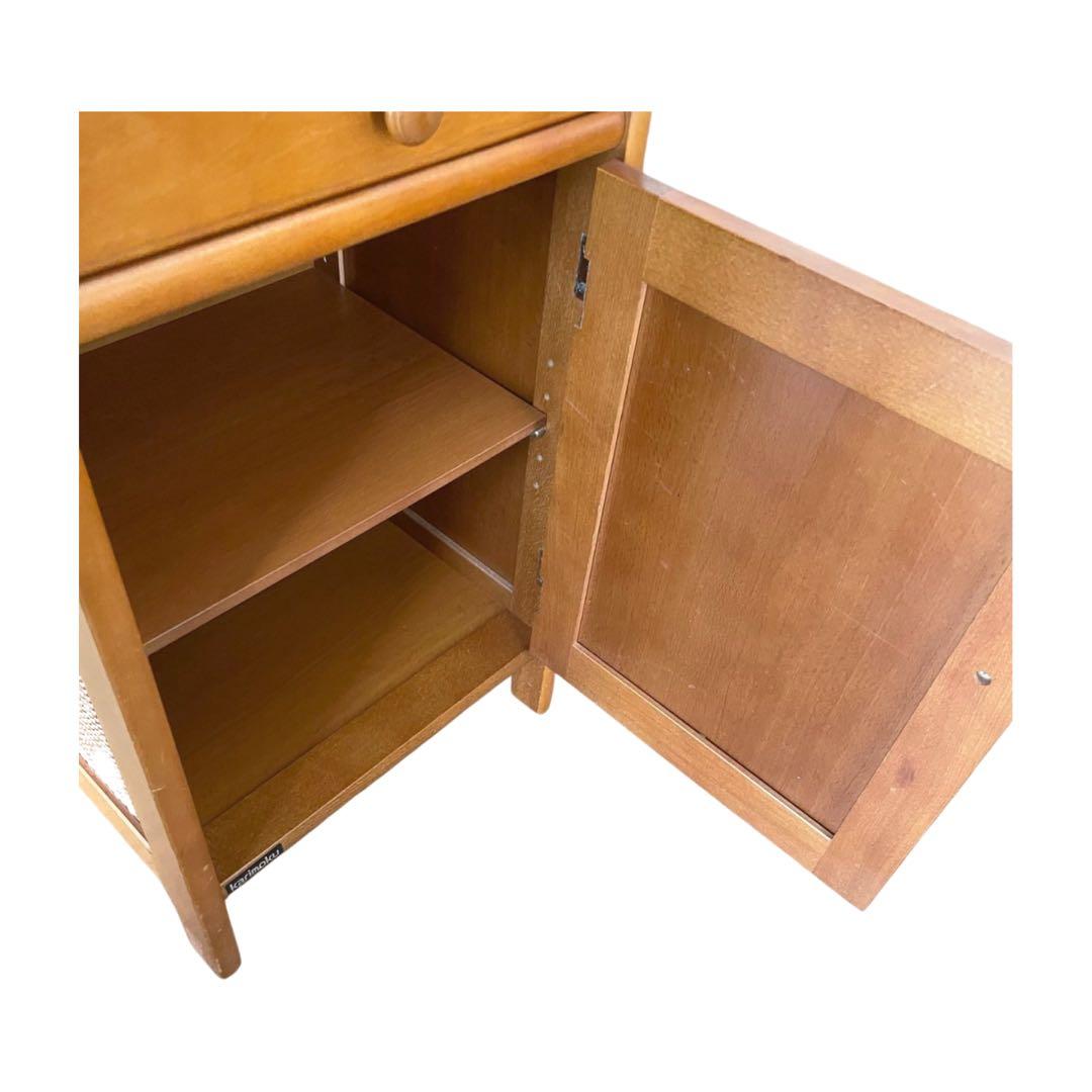 希少　カリモク ラタン 木製電話台・FAX台 引き出し付き 昭和レトロ