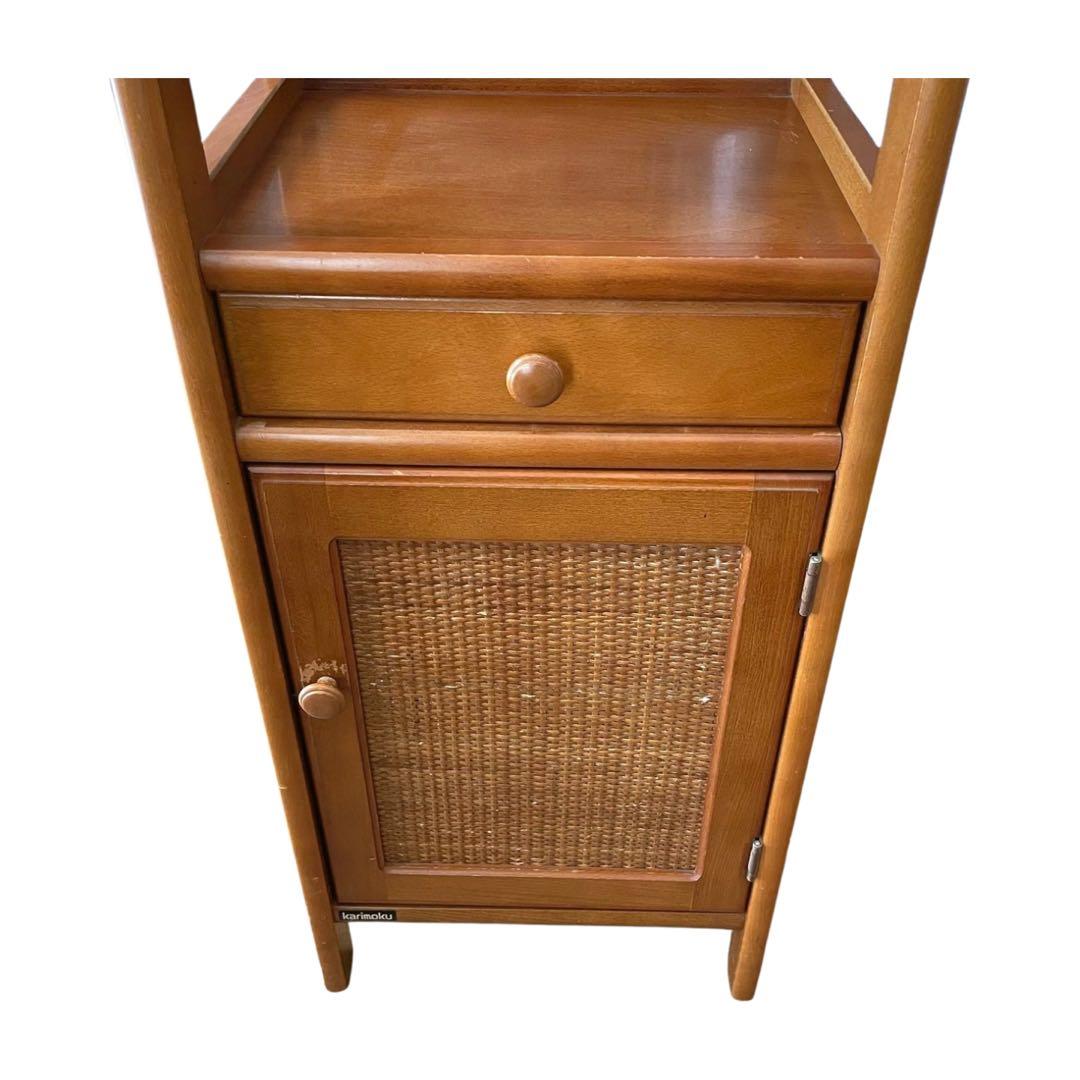 希少　カリモク ラタン 木製電話台・FAX台 引き出し付き 昭和レトロ