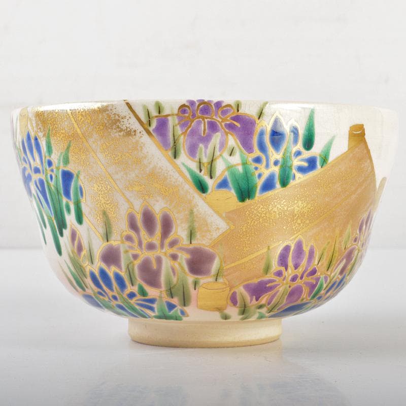 京焼　押小路窯　庄左エ門造　色絵八ツ橋　菖蒲文　茶碗　共布共箱　C　R6547