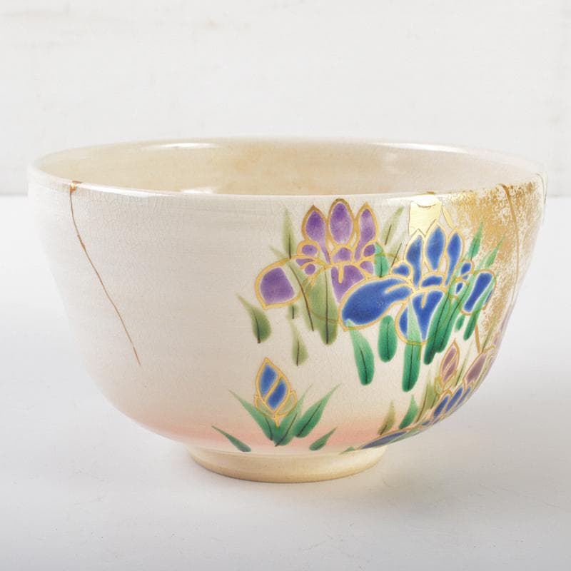 京焼　押小路窯　庄左エ門造　色絵八ツ橋　菖蒲文　茶碗　共布共箱　C　R6547