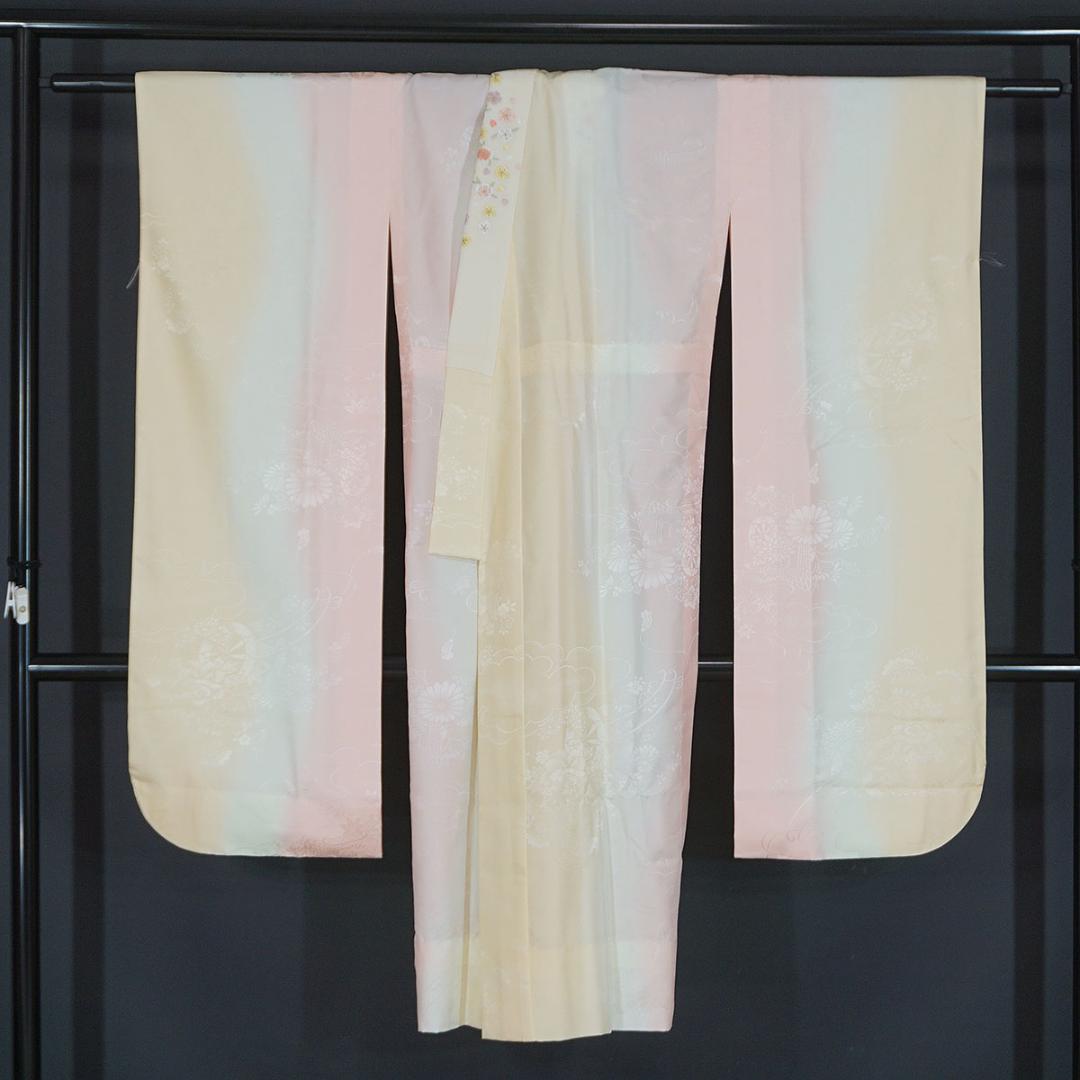 長じゅばん付き　正絹振袖　青　金彩友禅柄　165cm　a129