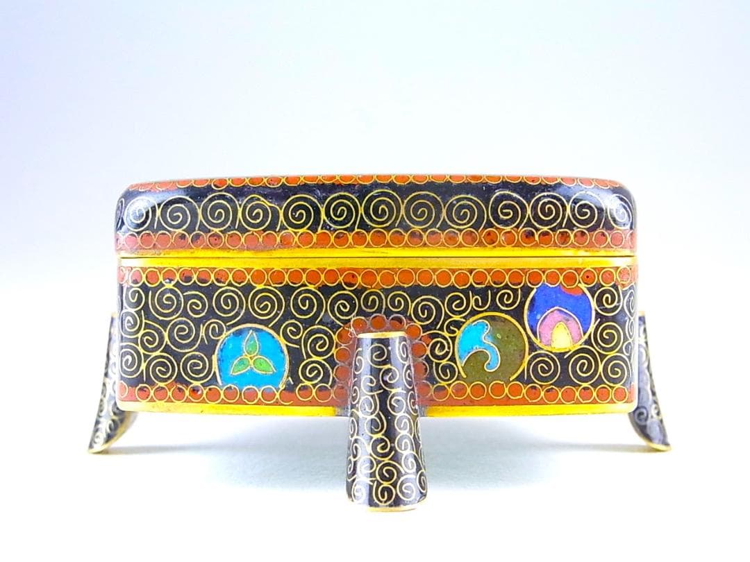 【 E456 】 美しき超名品　明治期尾張七宝上手作　黄銅線鳳凰文脚付き小物入れ