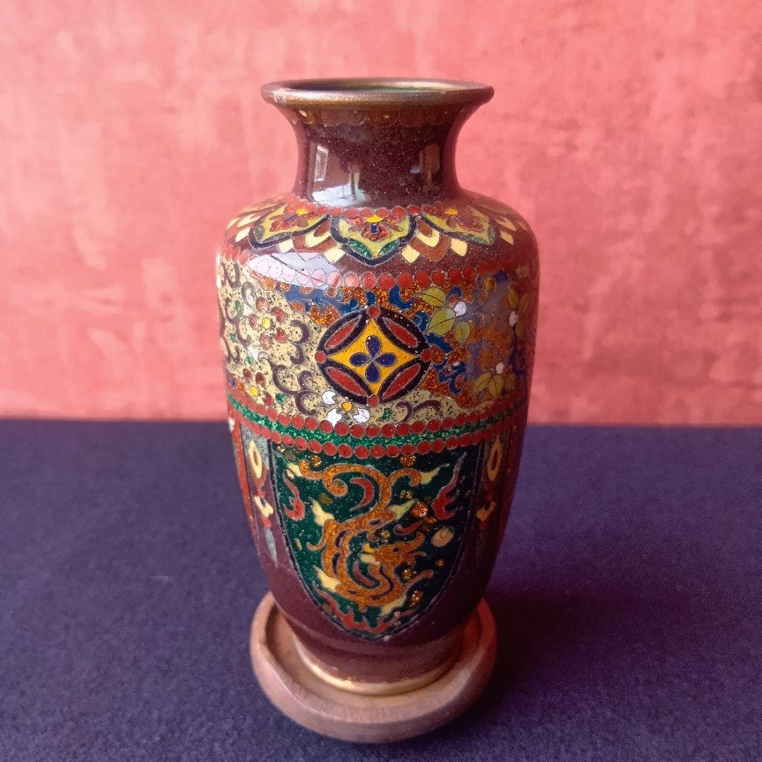 明治〜大正◆アンティーク◆七宝焼◆一輪挿し◆安藤七宝店◆龍朱雀蝶草花紋◆木製台座
