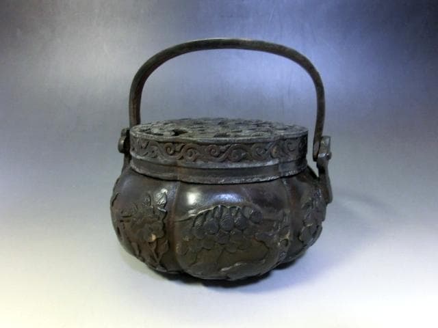 手炉■銅製 透かし花唐草 花鳥紋 大明宣徳 灰器 火器 手あぶり 香炉 時代物