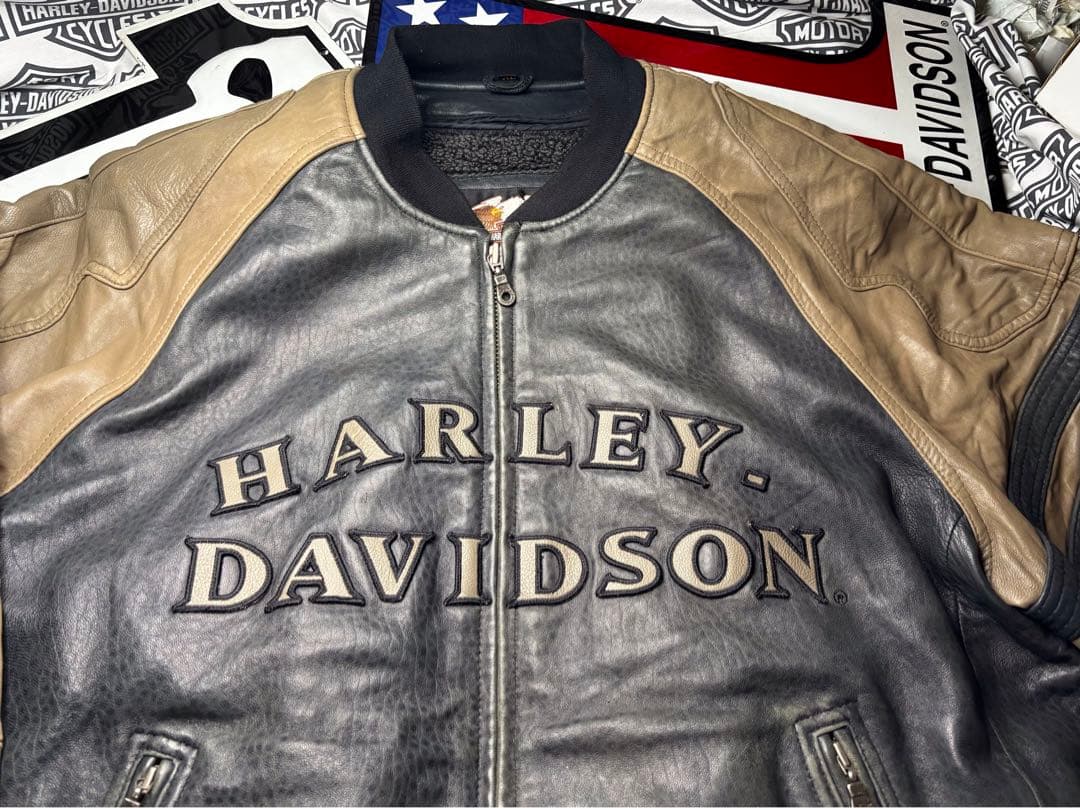 ハーレーダビッドソン 前後革刺繍ロゴ⭐️レアなラム本革製ジャケット脱着ボアライナー