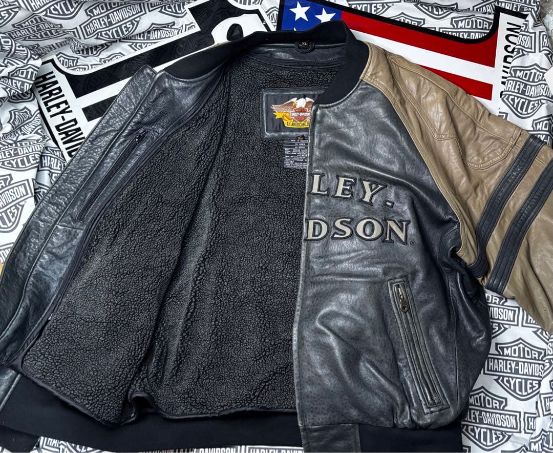ハーレーダビッドソン 前後革刺繍ロゴ⭐️レアなラム本革製ジャケット脱着ボアライナー