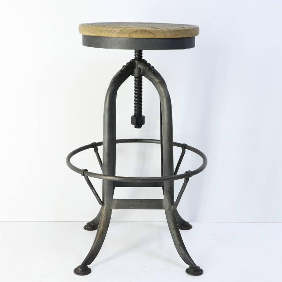 インダストリアル 昇降式 古木シート ハイスツール アイアン脚 足置きあり ④