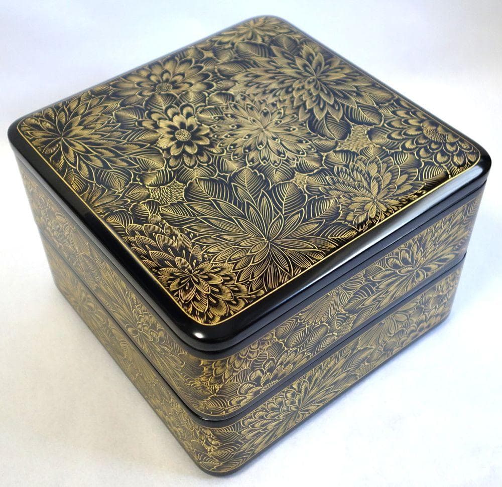 輪島塗 沈金菊花文様 二段重箱