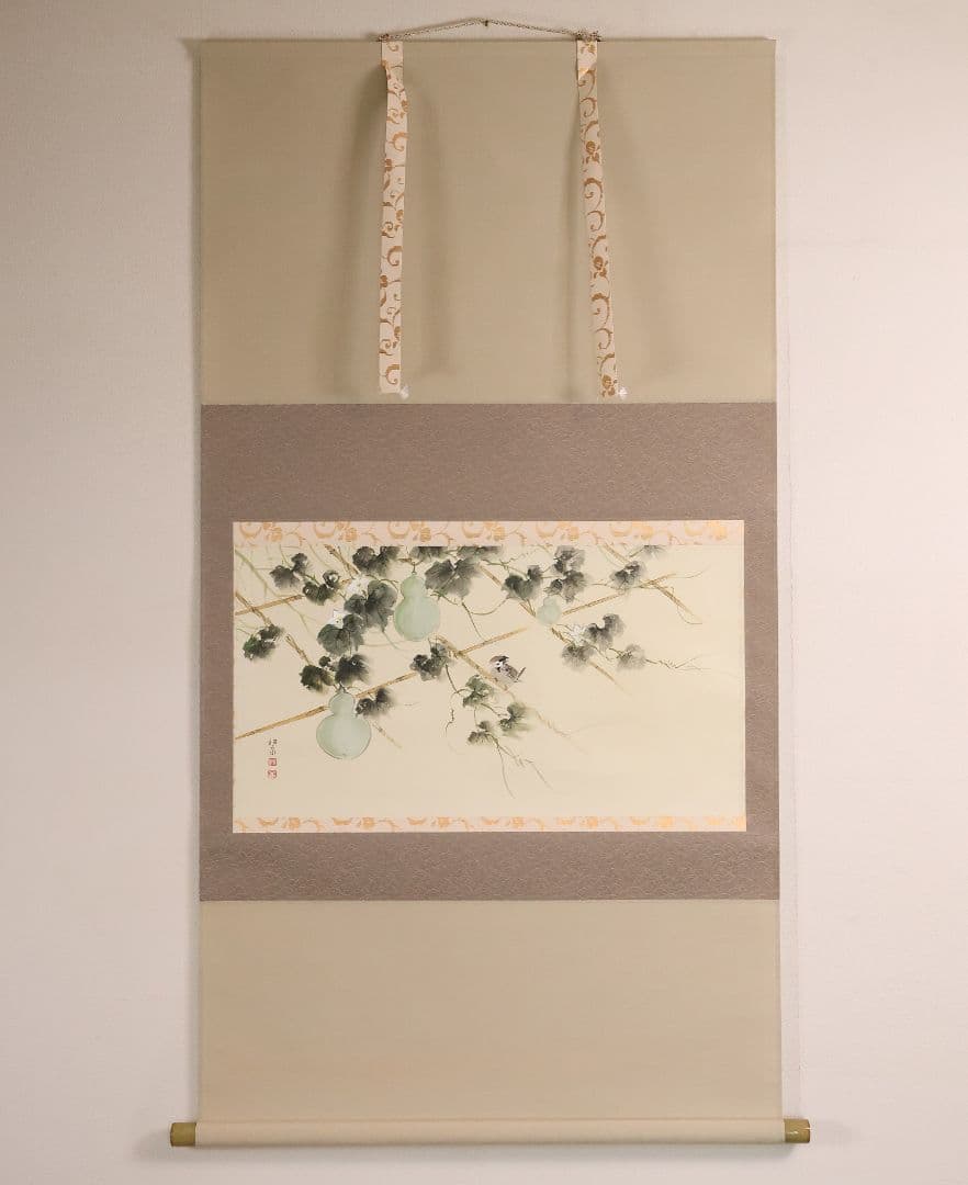 【真作】美品 日本画 田中松泉「瓢箪・雀」彩色 紙本 掛軸 鳥 横物 MA636