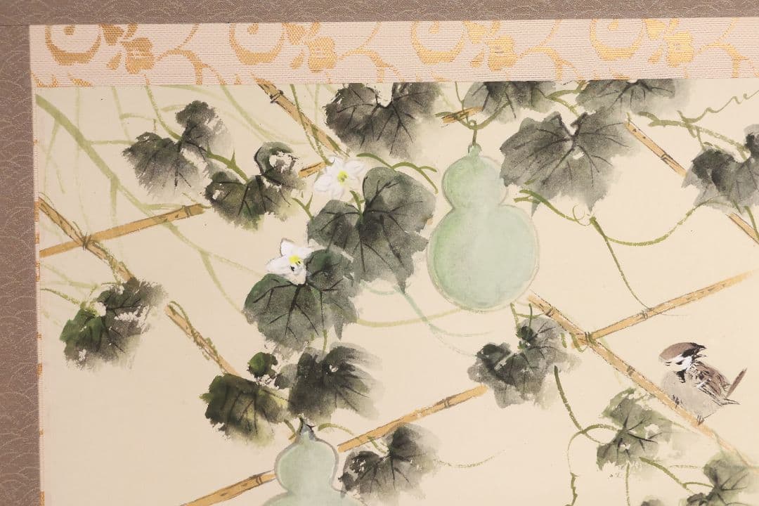 【真作】美品 日本画 田中松泉「瓢箪・雀」彩色 紙本 掛軸 鳥 横物 MA636