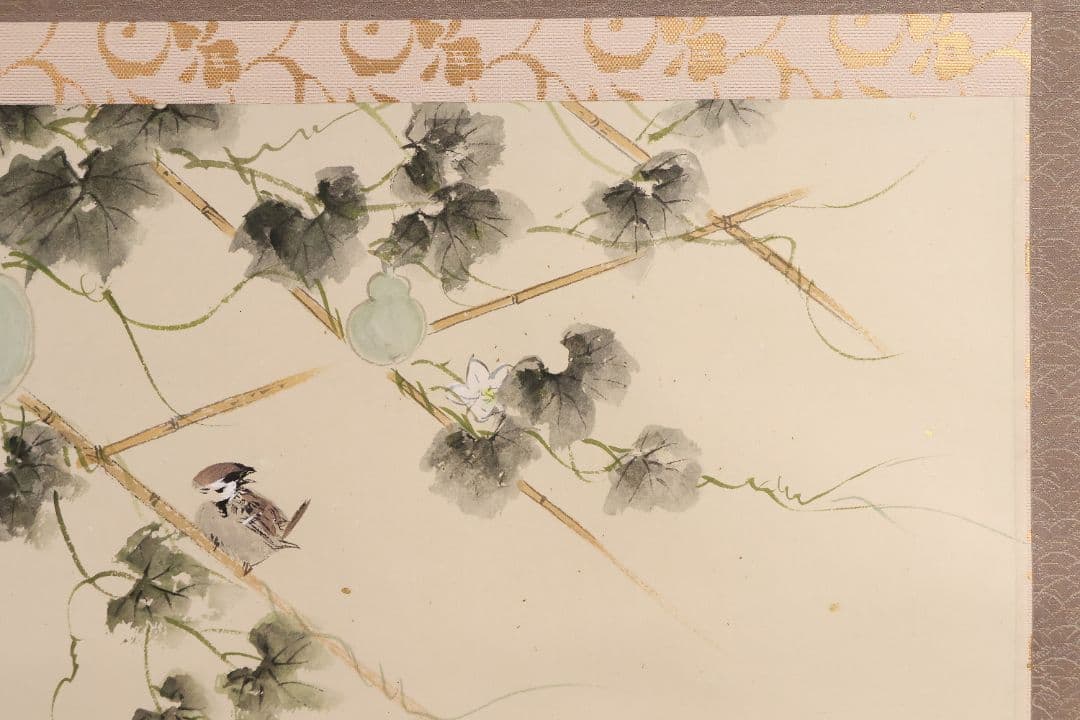 【真作】美品 日本画 田中松泉「瓢箪・雀」彩色 紙本 掛軸 鳥 横物 MA636