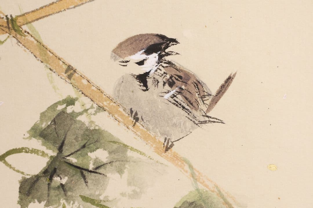 【真作】美品 日本画 田中松泉「瓢箪・雀」彩色 紙本 掛軸 鳥 横物 MA636