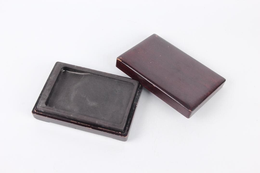 端渓硯 文房具　硯　長方形石硯　木製硯箱付　書道具　古道具　ES1-8