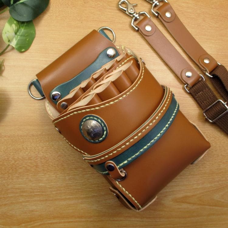 キャメル＆ディープグリーン　９丁差し　本革シザーケース　SCA-243/CCA