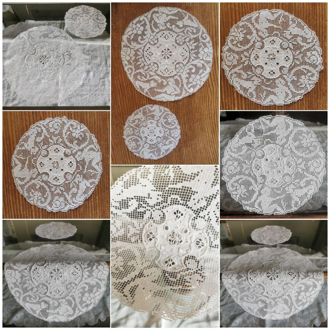 アンティークイタリア 女神と犬のフィレレース レティセラプント刺繍リネンドイリー