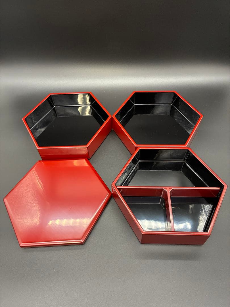 山田平安堂　宮内庁御用達　漆　漆器　六角重　三段　和食器