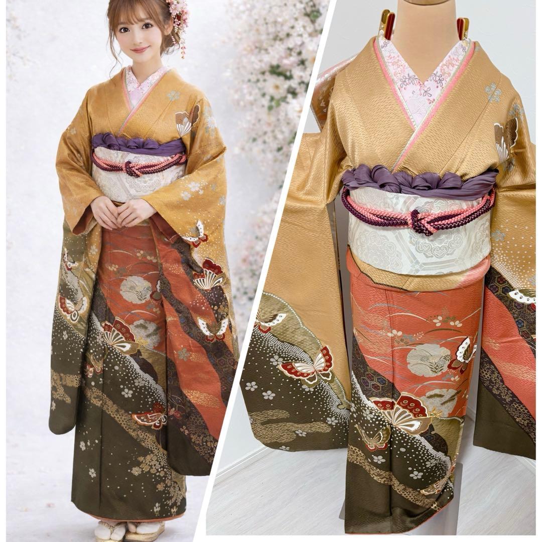 正絹振袖フルセット　豪華金彩　縁起柄金色 オレンジ 蝶模様　成人式