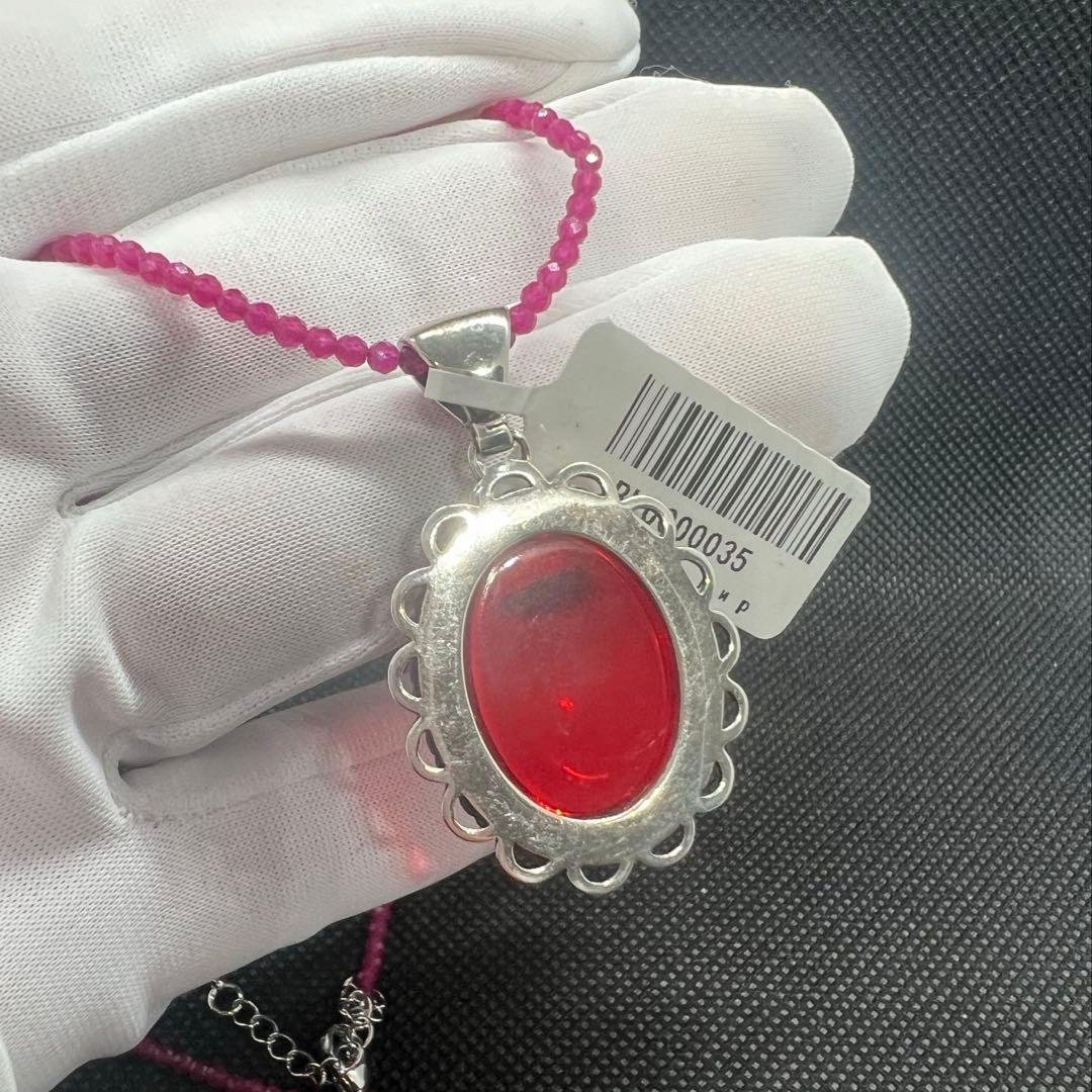 天然ポーランドの赤琥珀のペンダントトップにルビーのチェーンのセットs925使用