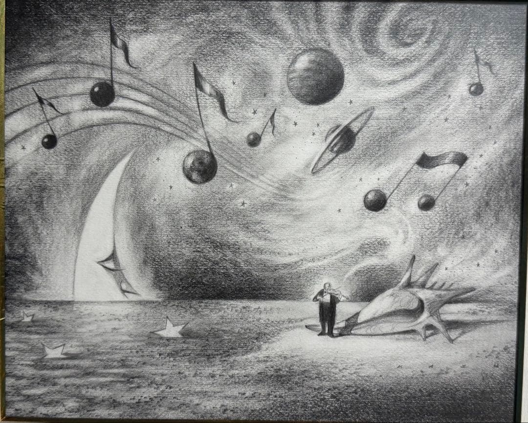 宇宙と音楽　幻想的な風景と人物鉛筆画 （豪華なフレーム付き）　インテリア
