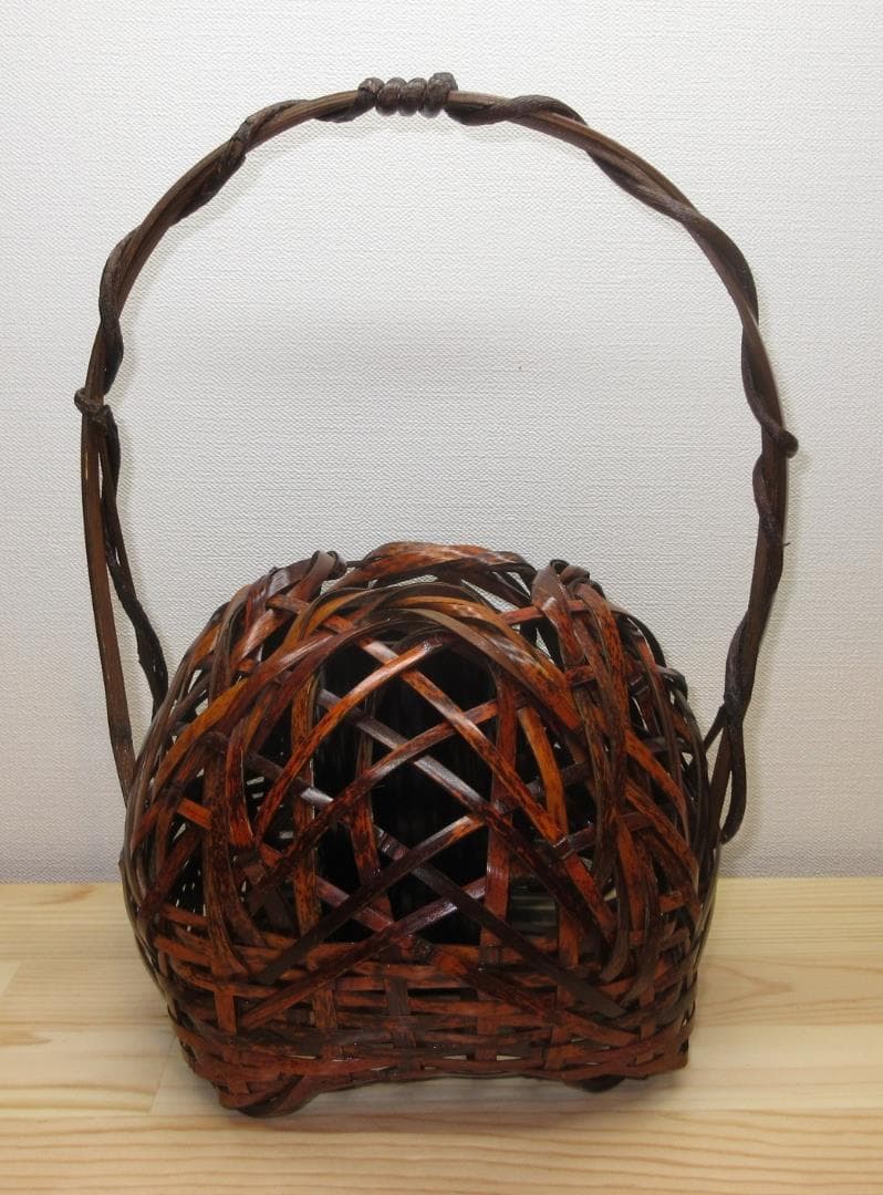 送料込【逢絢亭】茶道具 花籠 宗全籠 手付き 木製 正信作 紙箱入り