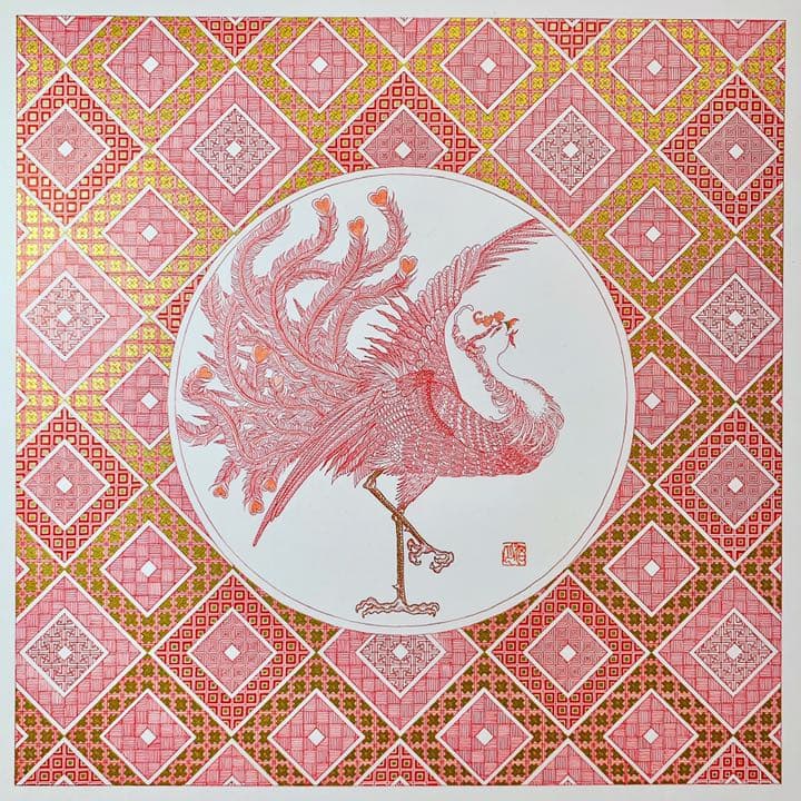 赤絵細描風アート「鳳凰図」イラスト原画