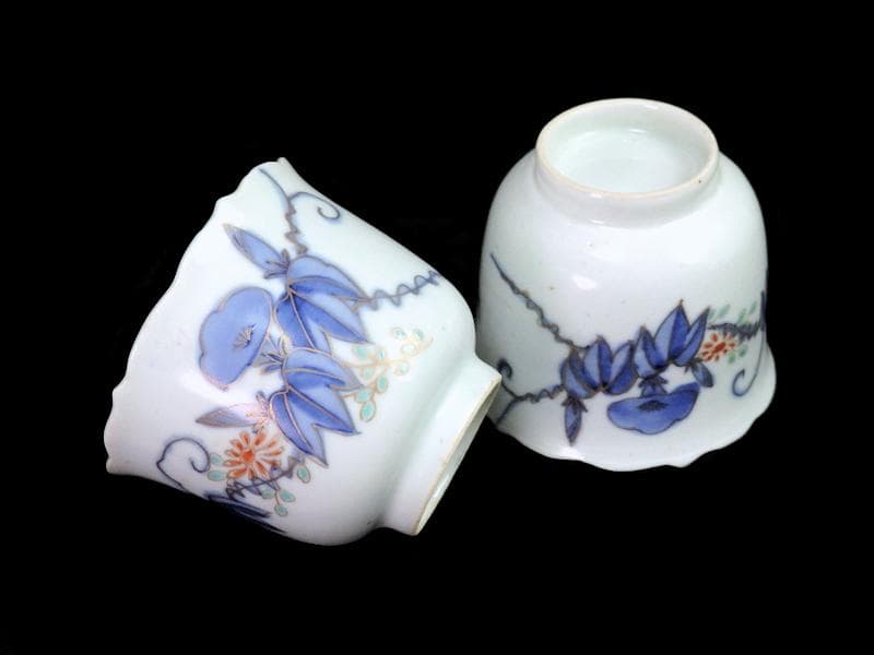 古伊万里　染錦　朝顔の図　向付　猪口　２客　E147AS-fbrg