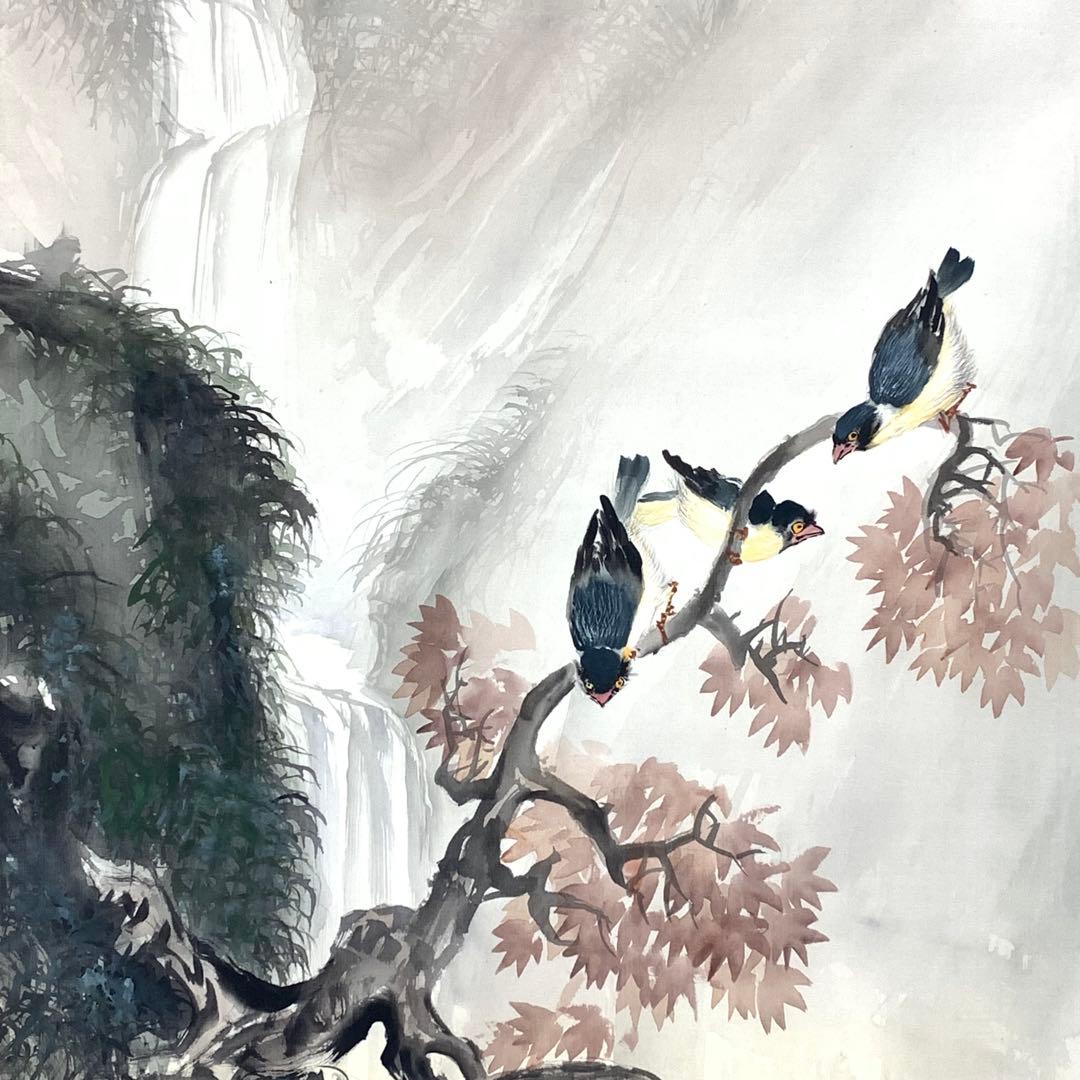 掛軸 村田秀峰 瀑布群禽図 共箱 紅葉 瀧 秋 小鳥 A-13