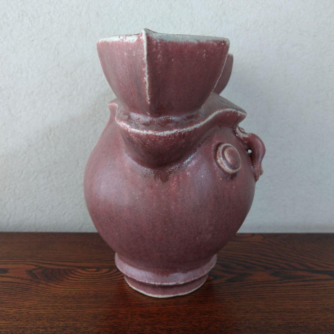 河井創太　辰砂貼文扁壷　桐共箱　黄布・栞・先生サイン入り陶展案内状付き