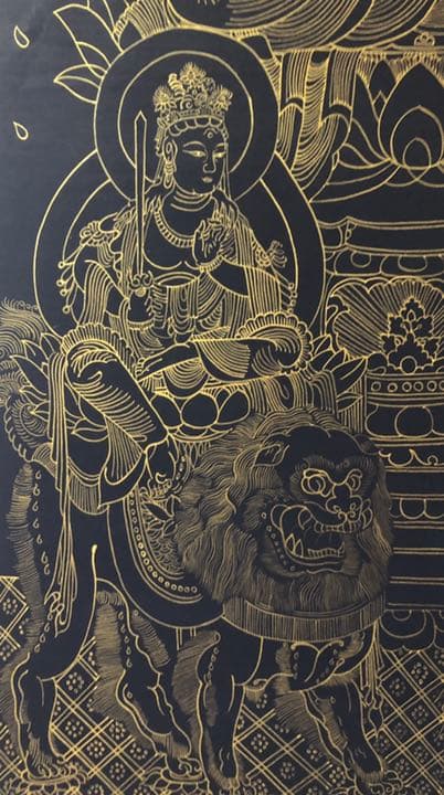 紺地金泥 釈迦三尊像 仏画 古画 日本画　希少　模写作品　送料込