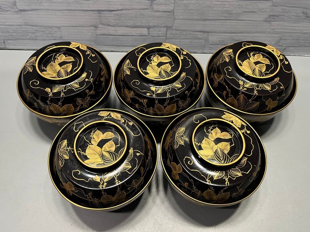 時代　極上　輪島塗　沈金蒔絵　煮椀　吸物椀　五客　木製　おすすめ品