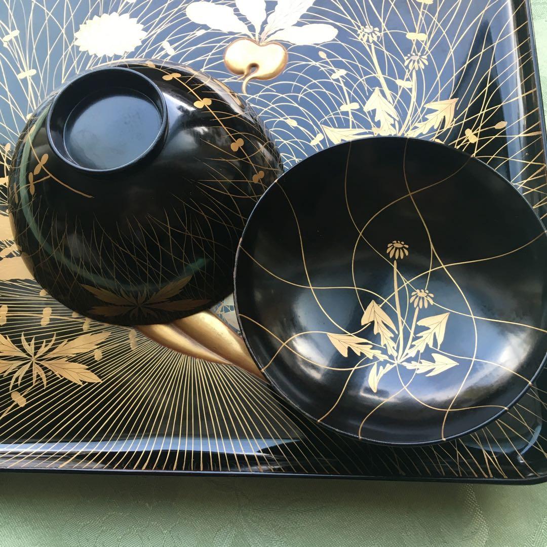 逸品　極上春の七草蒔絵　四方脚付膳　蓋付碗セット　B