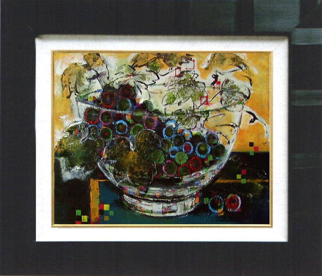 油絵 絵 絵画インテリア 額付(青緑＋金色の枠) uF6-061203 静物果物